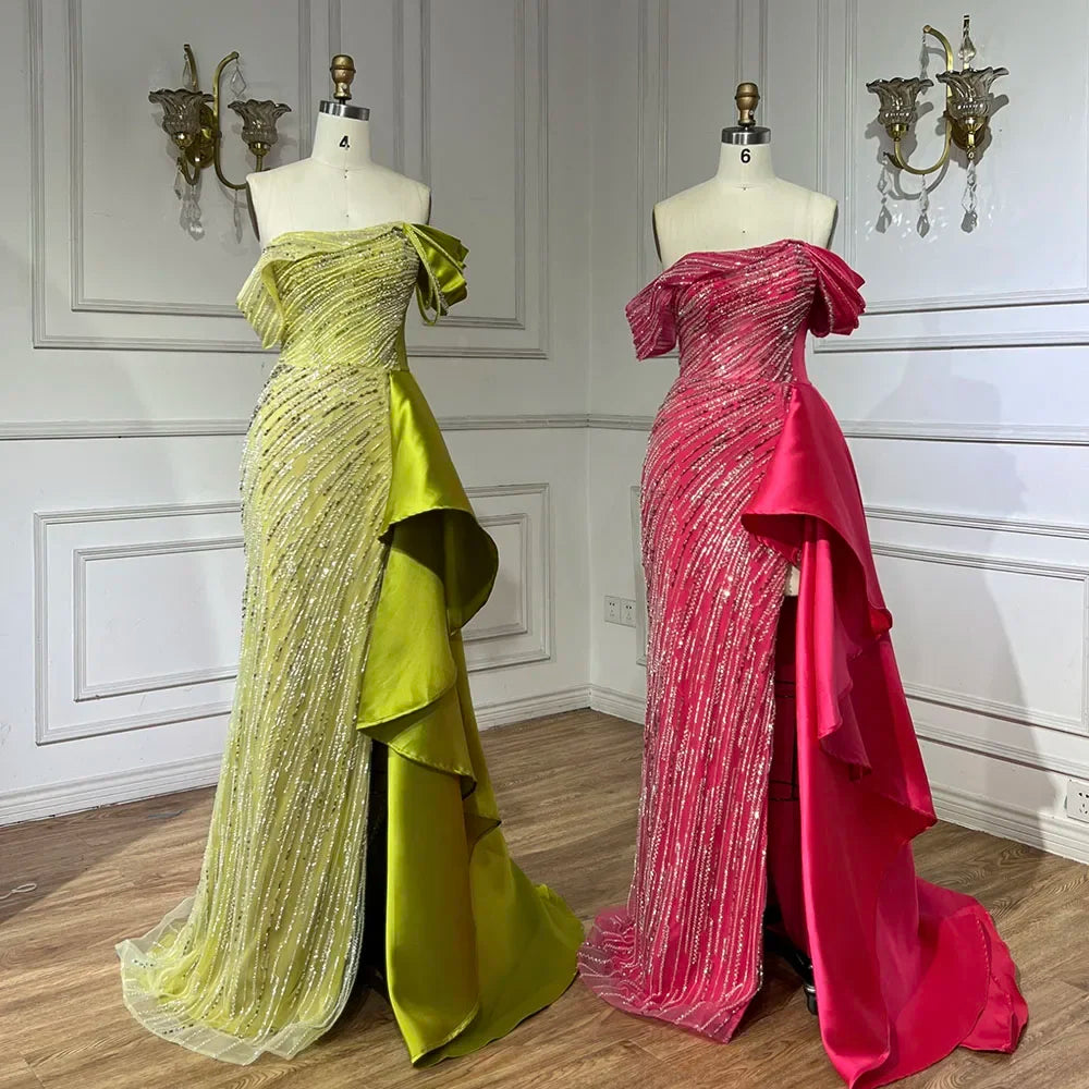 Serene Hill 2025 Arabic Green Mermaid Overskirt Luxury Beaded Long Evening Gowns with Split for Women Wedding Party LA72633 - SERENE HILL
