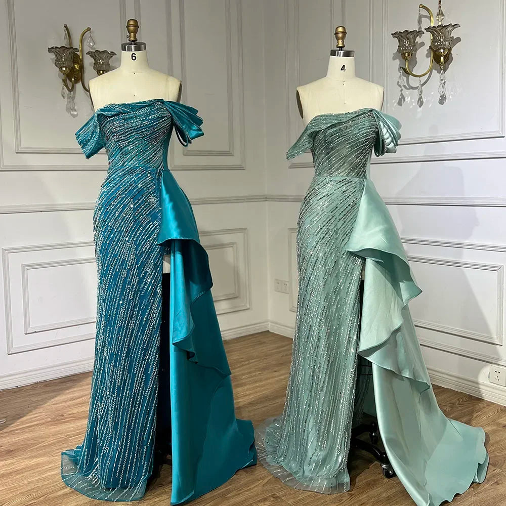 Serene Hill 2025 Arabic Green Mermaid Overskirt Luxury Beaded Long Evening Gowns with Split for Women Wedding Party LA72633 - SERENE HILL
