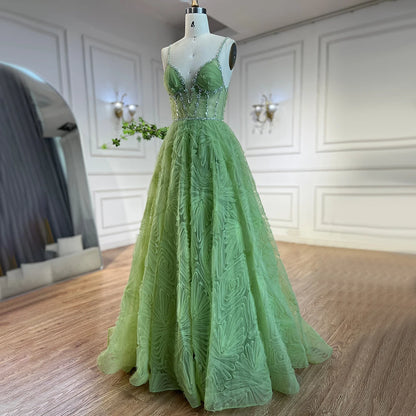 Serene Hill 2025 Arabic Sage Green Elegant Spaghetti Strap A-Line Prom Dress LA72636 - SERENE HILL