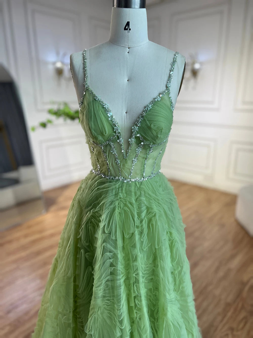 Serene Hill 2025 Arabic Sage Green Elegant Spaghetti Strap A-Line Prom Dress LA72636 - SERENE HILL