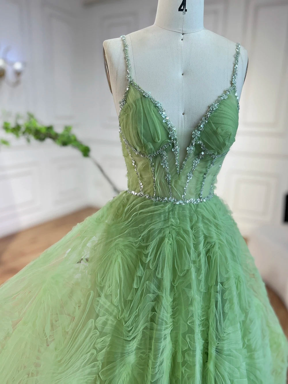 Sage Green / 2 Serene Hill 2025 Arabic Sage Green Elegant Spaghetti Strap A-Line Prom Dress LA72636
