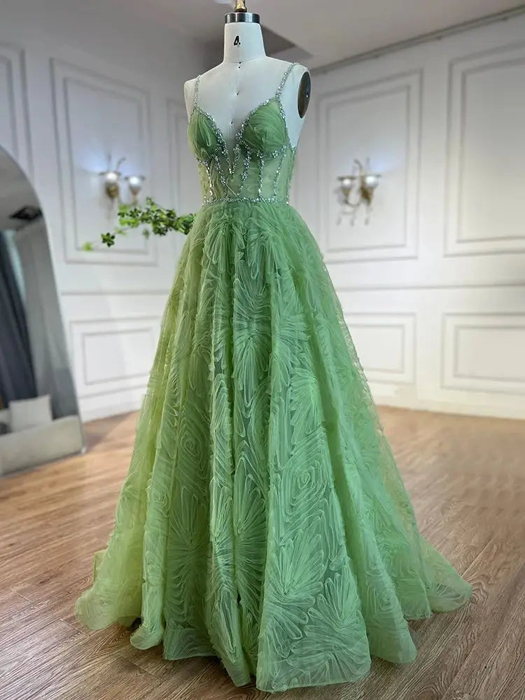 Sage Green / 2 Serene Hill 2025 Arabic Sage Green Elegant Spaghetti Strap A-Line Prom Dress LA72636