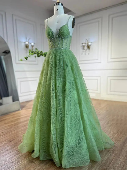 Serene Hill 2025 Arabic Sage Green Elegant Spaghetti Strap A-Line Prom Dress LA72636 - SERENE HILL