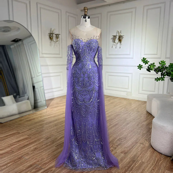 Serene Hill 2025 Arabic Lilac Cape Sleeves Mermaid Luxury Dubai Evening Gown Beaded Dress for Women's Party LA72616