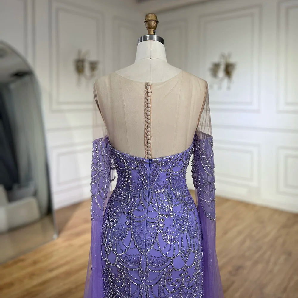 Serene Hill 2025 Arabic Lilac Cape Sleeves Mermaid Luxury Dubai Evening Gown Beaded Dress for Women&