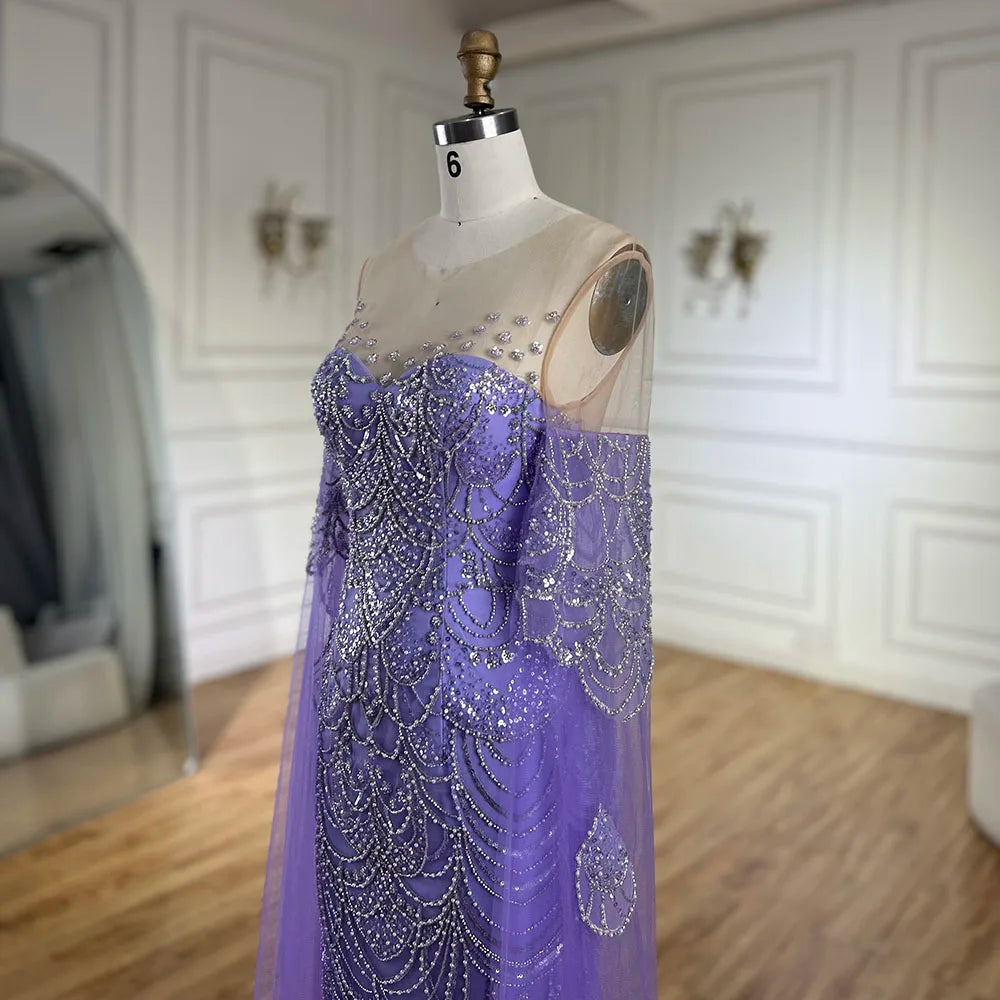 Serene Hill 2025 Arabic Lilac Cape Sleeves Mermaid Luxury Dubai Evening Gown Beaded Dress for Women&