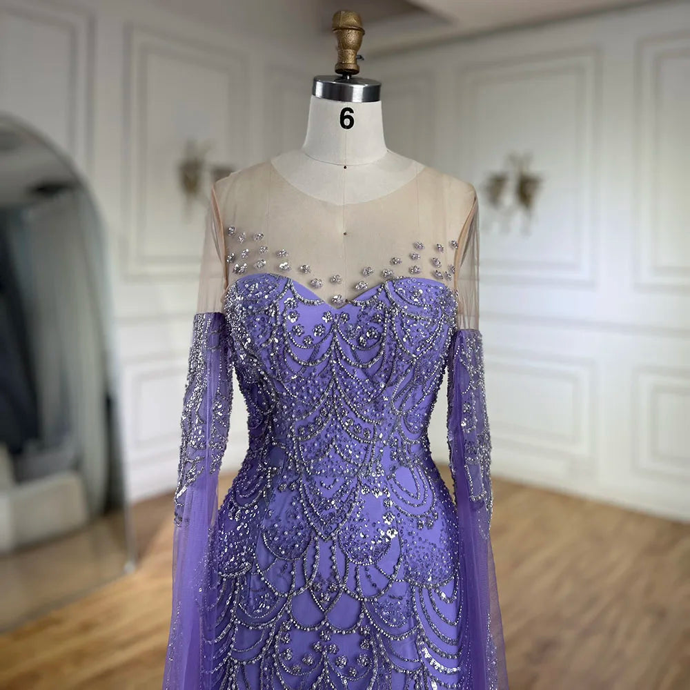 Serene Hill 2025 Arabic Lilac Cape Sleeves Mermaid Luxury Dubai Evening Gown Beaded Dress for Women&