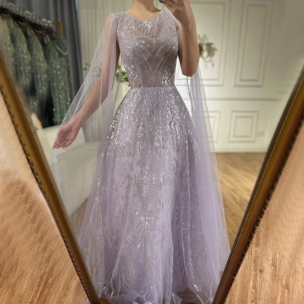 Luxury Dubai Arabic Lilac Elegant A-Line Beaded Long Evening Dresses Gowns with Cape Sleeves for Formal Occasion LA72744 - SERENE HILL