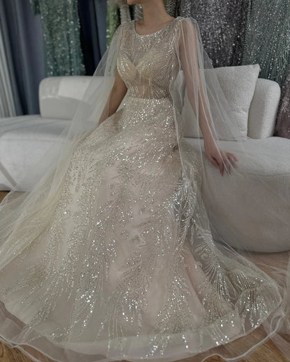 Luxury Dubai Arabic Lilac Elegant A-Line Beaded Long Evening Dresses Gowns with Cape Sleeves for Formal Occasion LA72744 - SERENE HILL