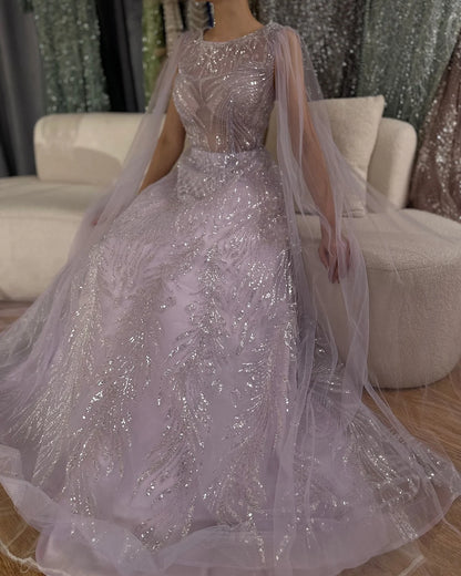 Luxury Dubai Arabic Lilac Elegant A-Line Beaded Long Evening Dresses Gowns with Cape Sleeves for Formal Occasion LA72744 - SERENE HILL