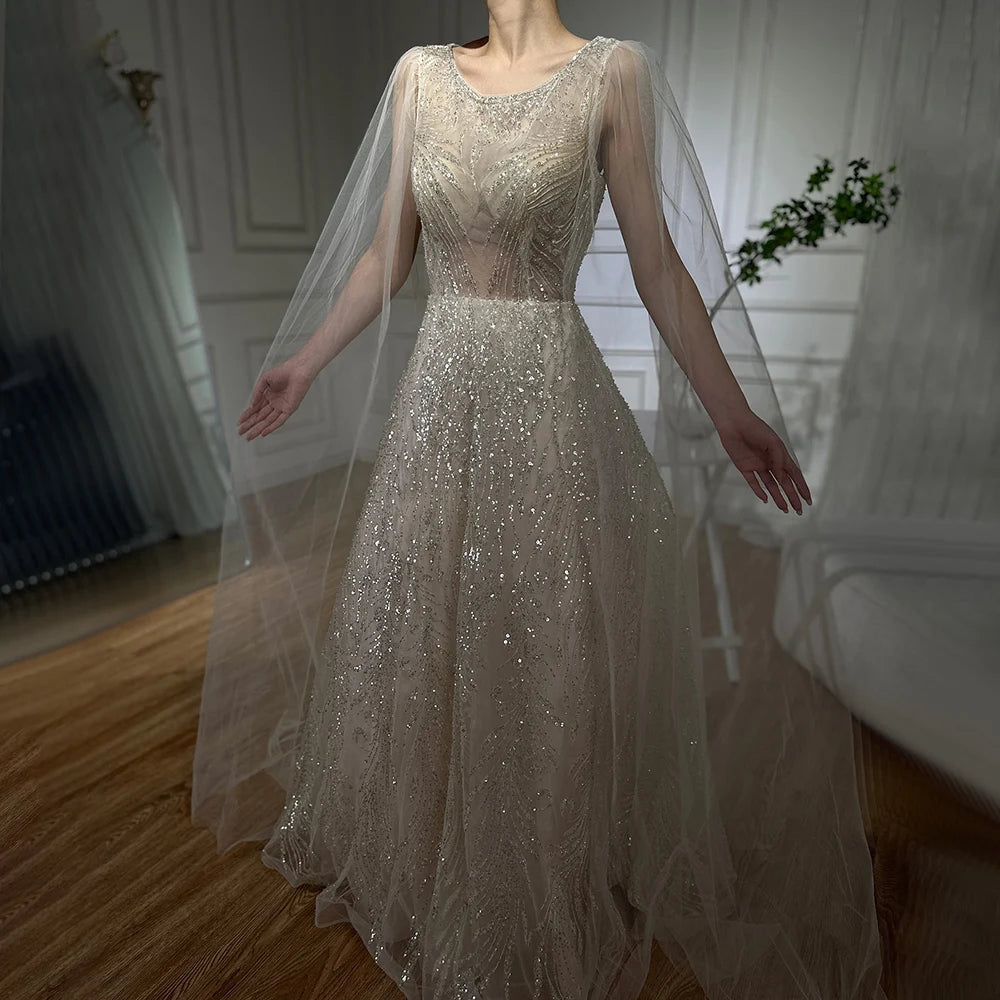 Luxury Dubai Arabic Lilac Elegant A-Line Beaded Long Evening Dresses Gowns with Cape Sleeves for Formal Occasion LA72744 - SERENE HILL