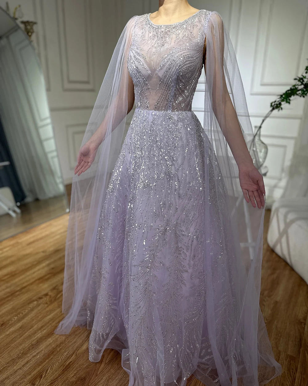 Luxury Dubai Arabic Lilac Elegant A-Line Beaded Long Evening Dresses Gowns with Cape Sleeves for Formal Occasion LA72744 - SERENE HILL