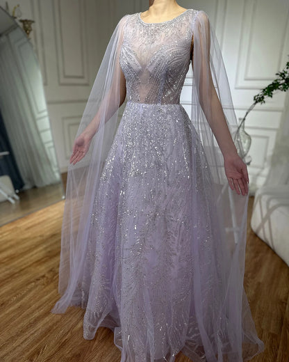 Luxury Dubai Arabic Lilac Elegant A-Line Beaded Long Evening Dresses Gowns with Cape Sleeves for Formal Occasion LA72744 - SERENE HILL