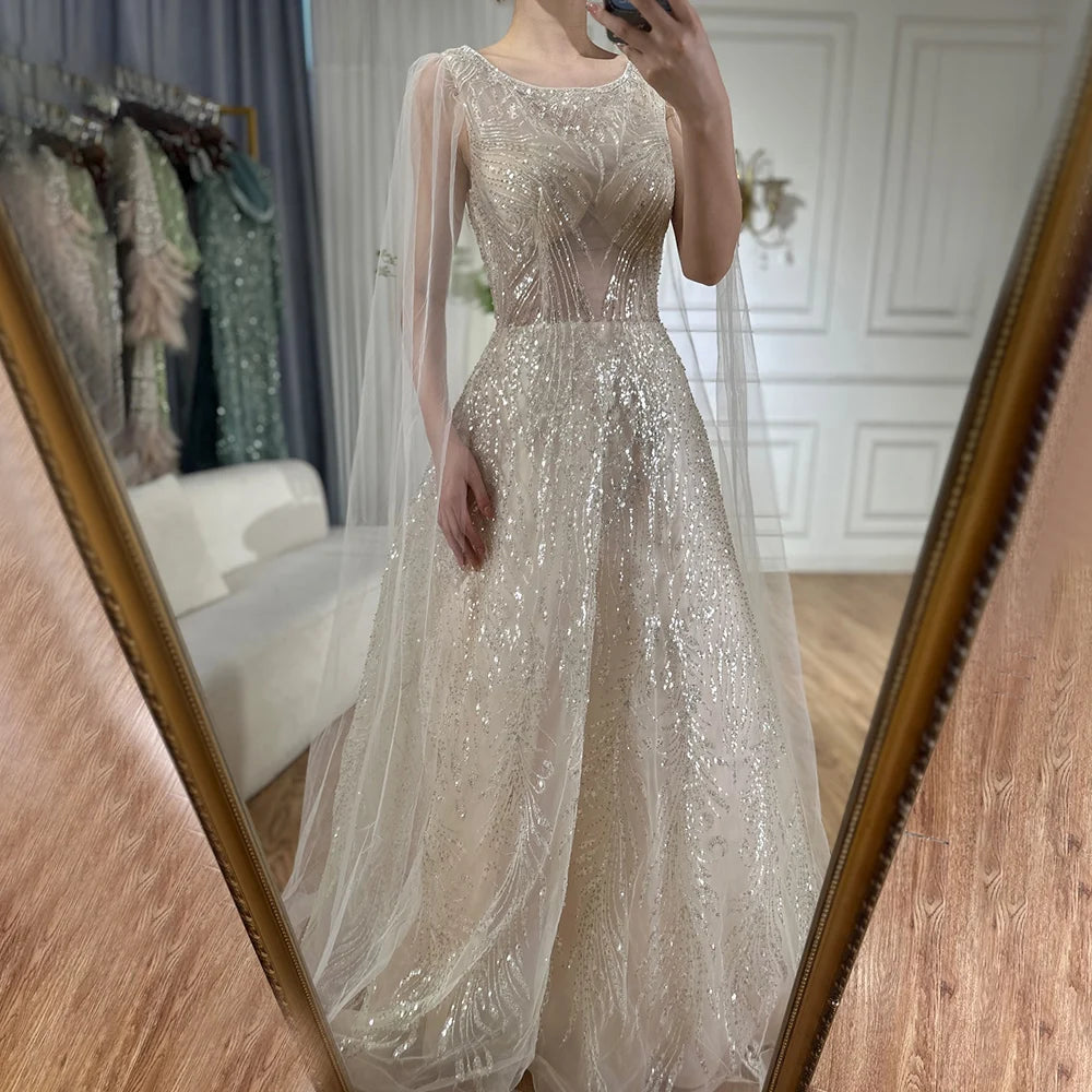 Luxury Dubai Arabic Lilac Elegant A-Line Beaded Long Evening Dresses Gowns with Cape Sleeves for Formal Occasion LA72744 - SERENE HILL