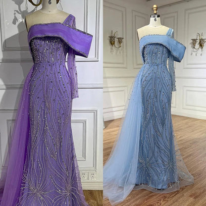 Serene Hill 2025 Arabic Lilac Evening Dress Side Train Pearls One Shoulder for Women&