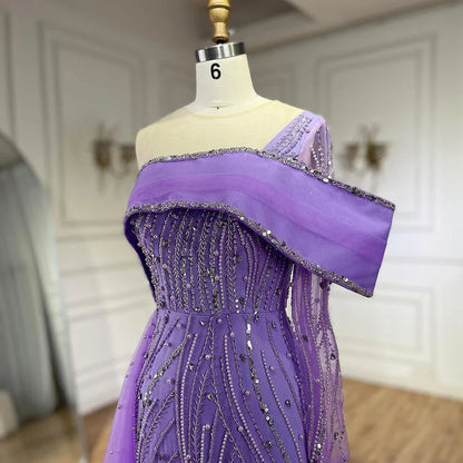 Serene Hill 2025 Arabic Lilac Evening Dress Side Train Pearls One Shoulder for Women&