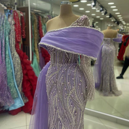 Serene Hill 2025 Arabic Lilac Evening Dress Side Train Pearls One Shoulder for Women&