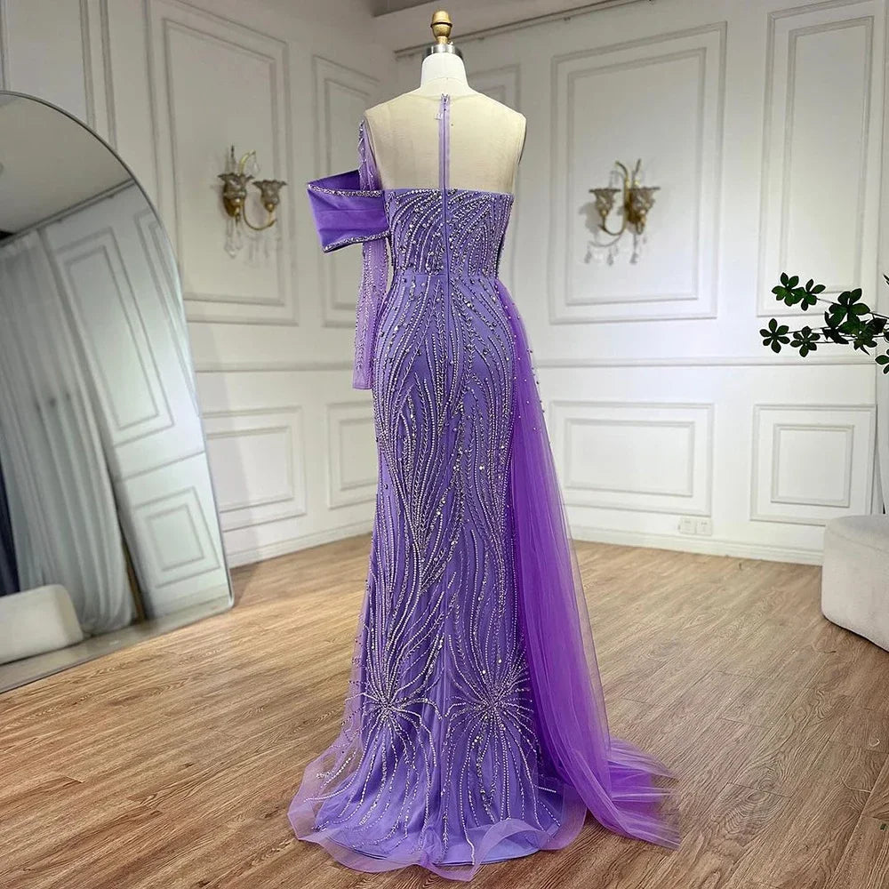 Serene Hill 2025 Arabic Lilac Evening Dress Side Train Pearls One Shoulder for Women&