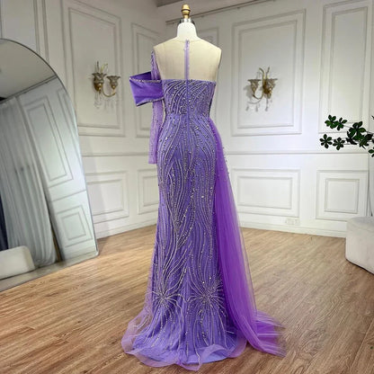 Serene Hill 2025 Arabic Lilac Evening Dress Side Train Pearls One Shoulder for Women&