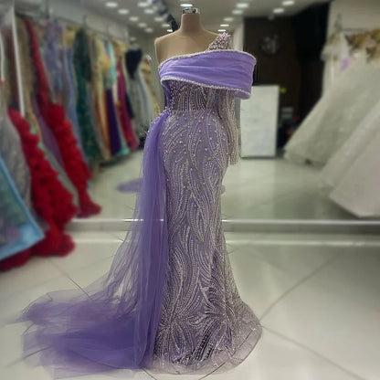 Serene Hill 2025 Arabic Lilac Evening Dress Side Train Pearls One Shoulder for Women&