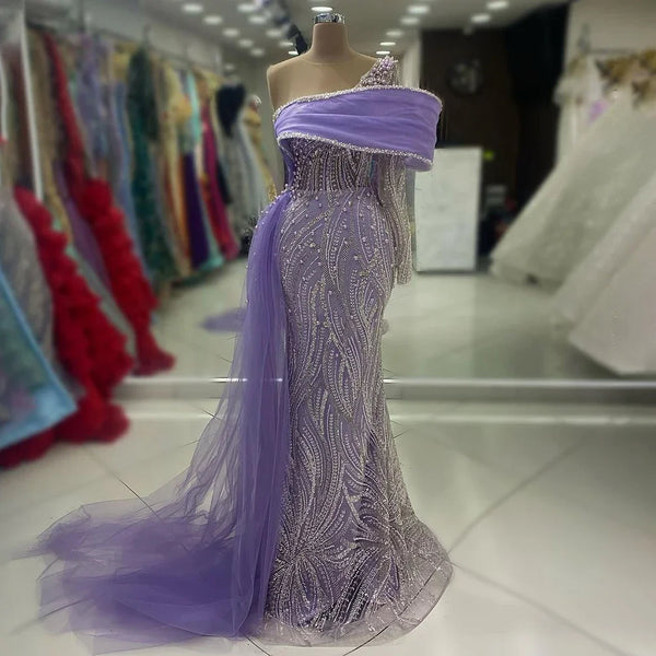 Serene Hill 2025 Arabic Lilac Evening Dress Side Train Pearls One Shoulder for Women's Formal  Wedding Party Gowns LA72332