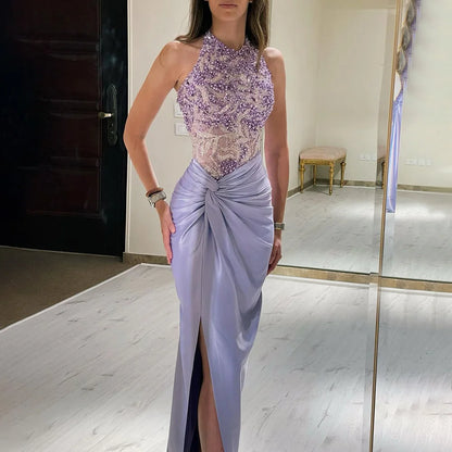 Luxury Dubai Lilac Halter Neck Satin Split Mermaid Evening Dress LA72668 - SERENE HILL