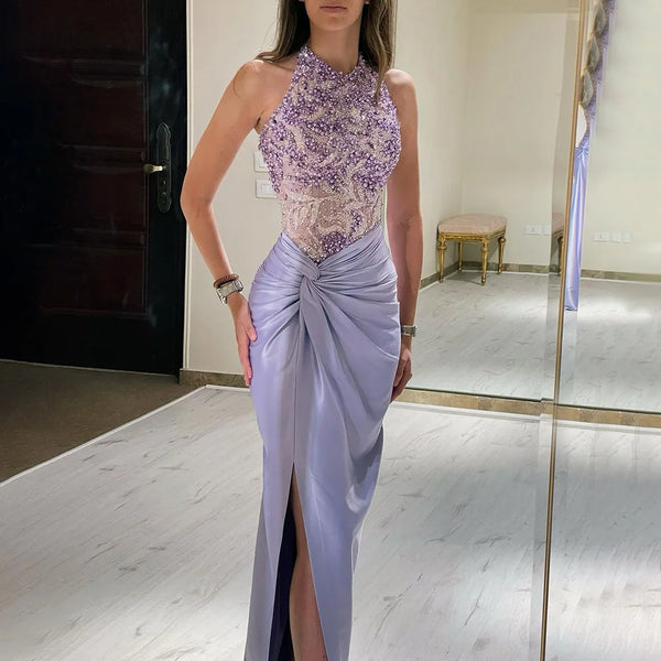 Luxury Dubai Lilac Halter Neck  Satin Split Mermaid  Evening  Dress  LA72668