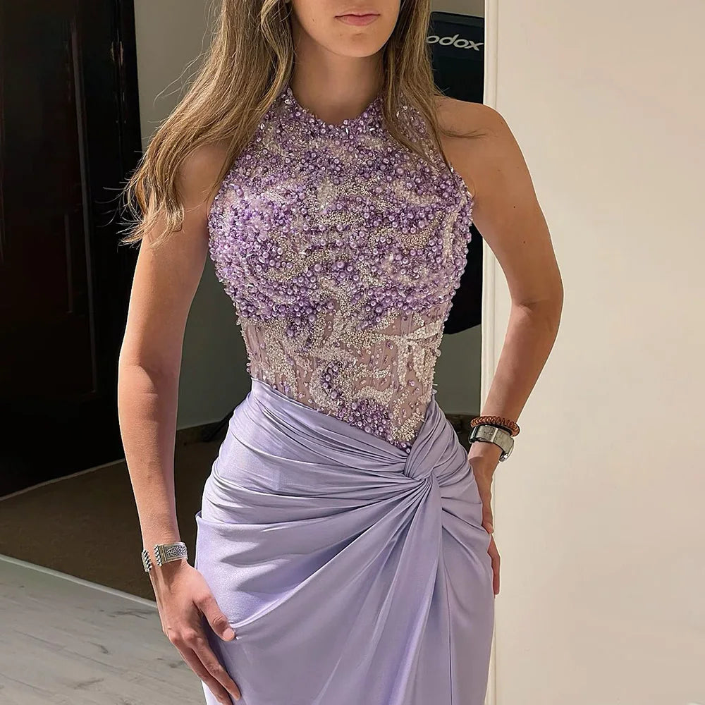 Luxury Dubai Lilac Halter Neck Satin Split Mermaid Evening Dress LA72668 - SERENE HILL