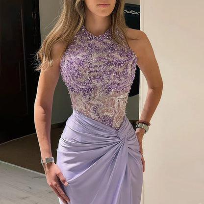 Luxury Dubai Lilac Halter Neck Satin Split Mermaid Evening Dress LA72668 - SERENE HILL