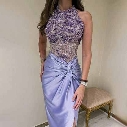 Luxury Dubai Lilac Halter Neck Satin Split Mermaid Evening Dress LA72668 - SERENE HILL