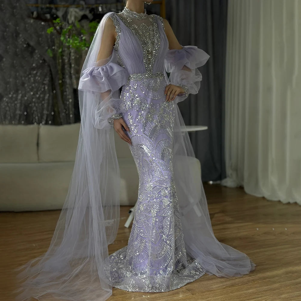 Luxury Dubai Arabic Lilac Mermaid Puffy Sleeves Sparkling Beaded Long Evening Dresses Gowns for Formal Occasion LA72745 - SERENE HILL