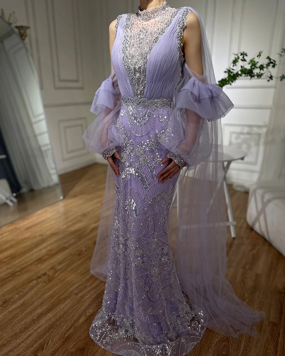 Luxury Dubai Arabic Lilac Mermaid Puffy Sleeves Sparkling Beaded Long Evening Dresses Gowns for Formal Occasion LA72745 - SERENE HILL