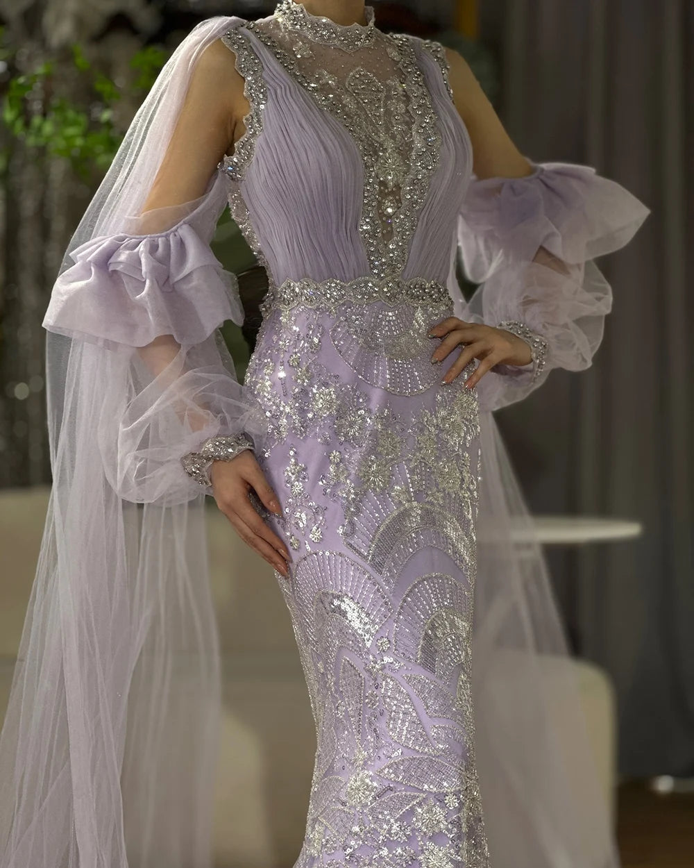 Luxury Dubai Arabic Lilac Mermaid Puffy Sleeves Sparkling Beaded Long Evening Dresses Gowns for Formal Occasion LA72745 - SERENE HILL