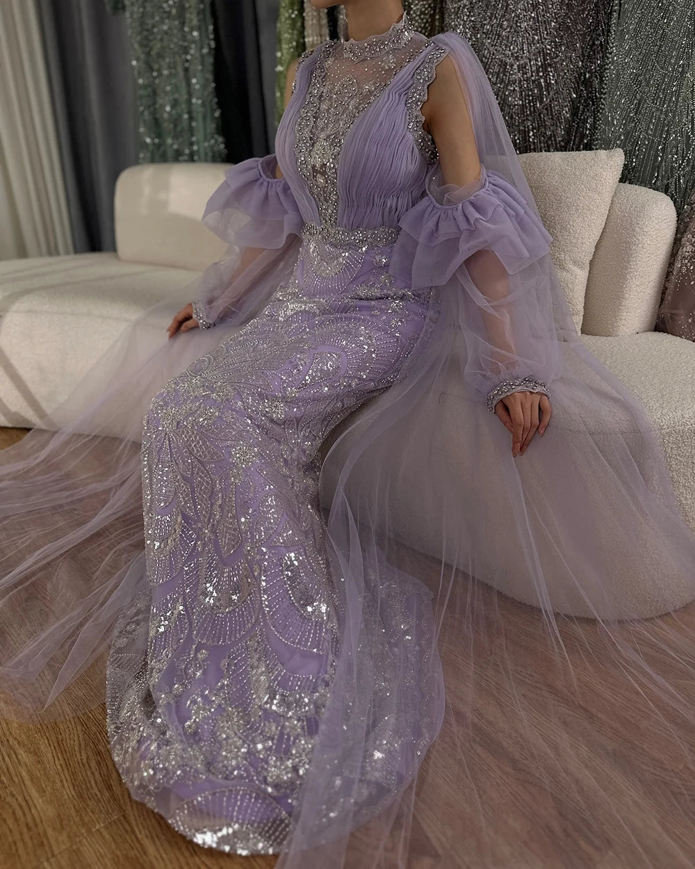 Luxury Dubai Arabic Lilac Mermaid Puffy Sleeves Sparkling Beaded Long Evening Dresses Gowns for Formal Occasion LA72745 - SERENE HILL
