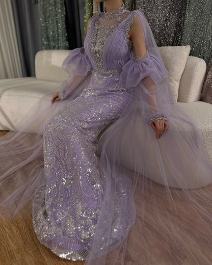 Luxury Dubai Arabic Lilac Mermaid Puffy Sleeves Sparkling Beaded Long Evening Dresses Gowns for Formal Occasion LA72745 - SERENE HILL