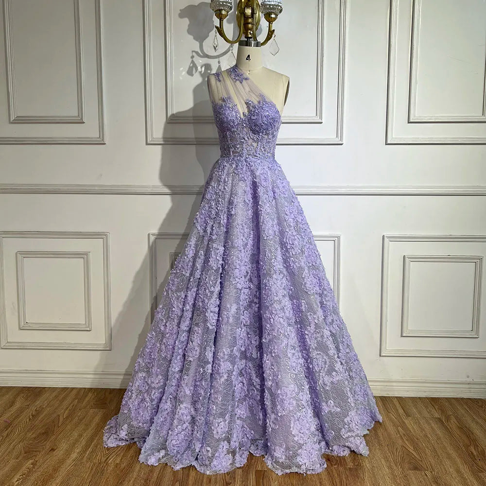 Serene Hill 2025 Arabic Lilac One-Shoulder A-Line Lace Appliques Luxury Prom Dress for Formal Occasion LA72619 - SERENE HILL