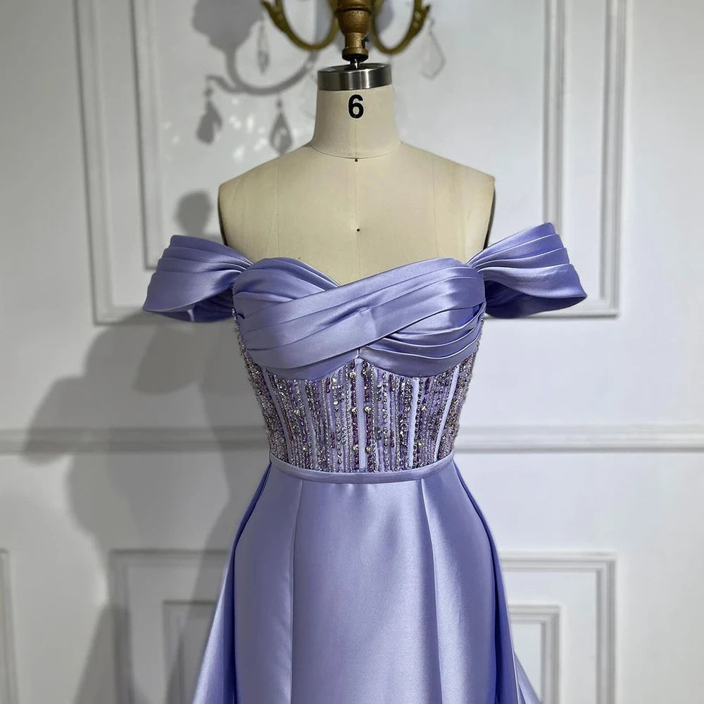 Serene Hill 2025 Arabic Lilac Satin Long Evening Dress With Overskirt - Elegant Beaded Party Gown for Women&