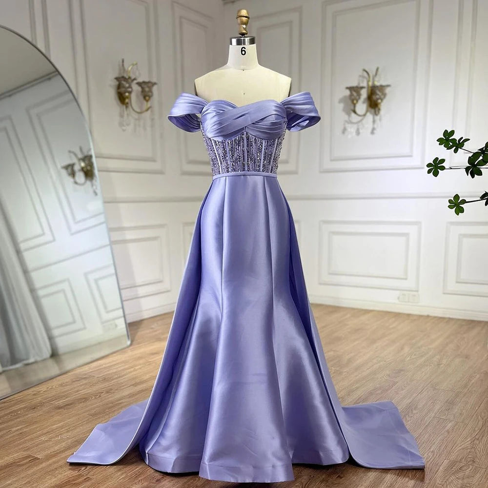 Serene Hill 2025 Arabic Lilac Satin Long Evening Dress With Overskirt - Elegant Beaded Party Gown for Women&