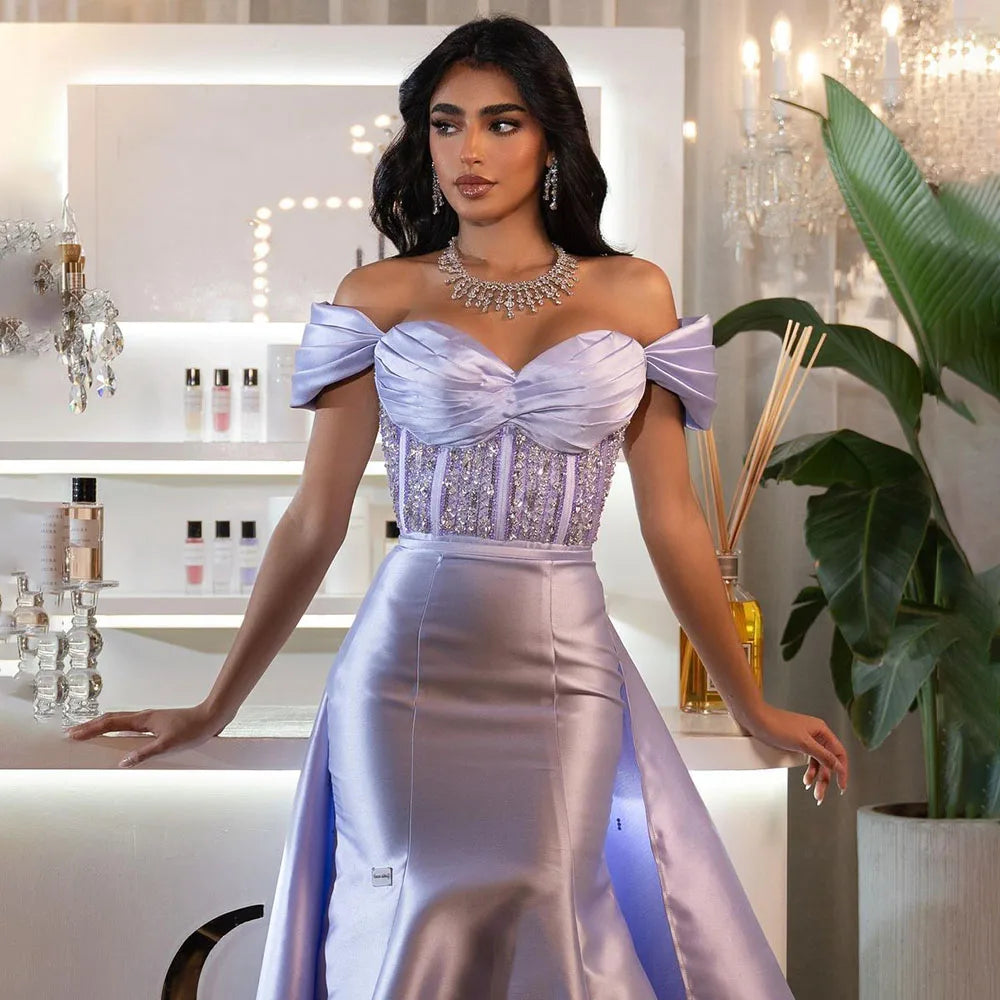 Serene Hill 2025 Arabic Lilac Satin Long Evening Dress With Overskirt - Elegant Beaded Party Gown for Women&