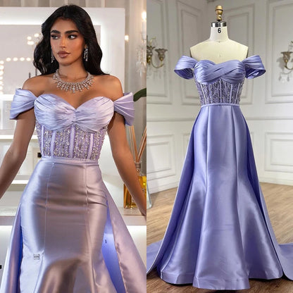 Serene Hill 2025 Arabic Lilac Satin Long Evening Dress With Overskirt - Elegant Beaded Party Gown for Women&