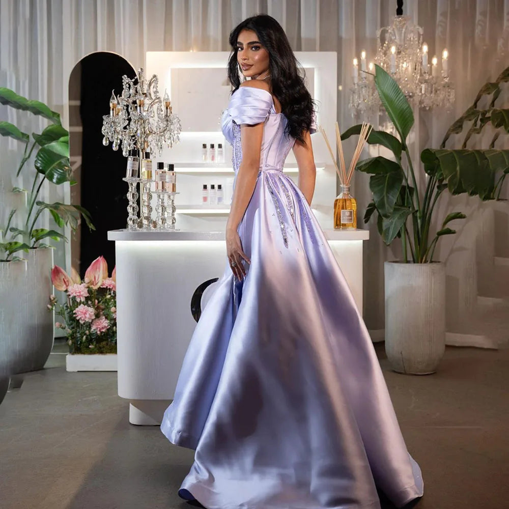 Serene Hill 2025 Arabic Lilac Satin Long Evening Dress With Overskirt - Elegant Beaded Party Gown for Women&