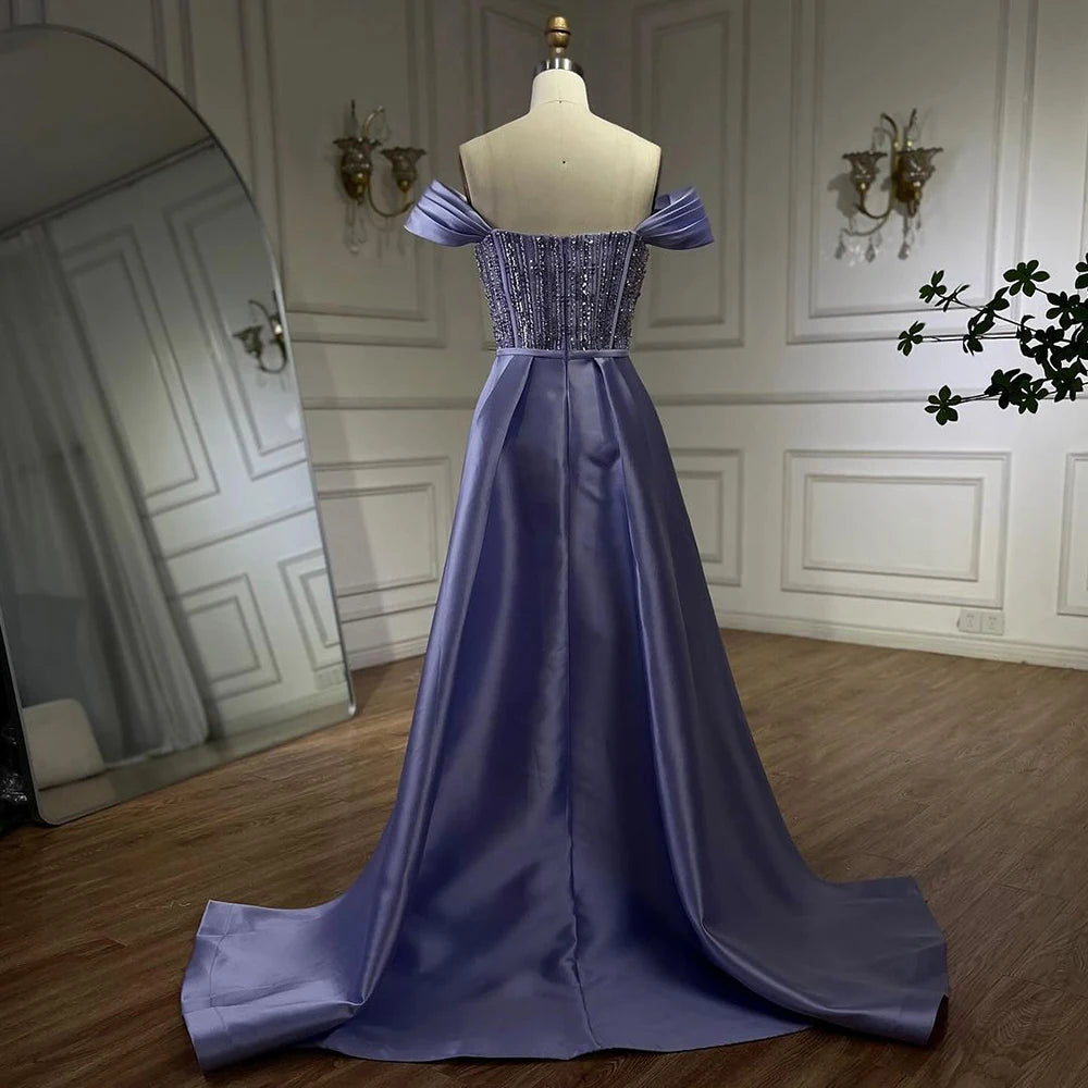 Serene Hill 2025 Arabic Lilac Satin Long Evening Dress With Overskirt - Elegant Beaded Party Gown for Women&