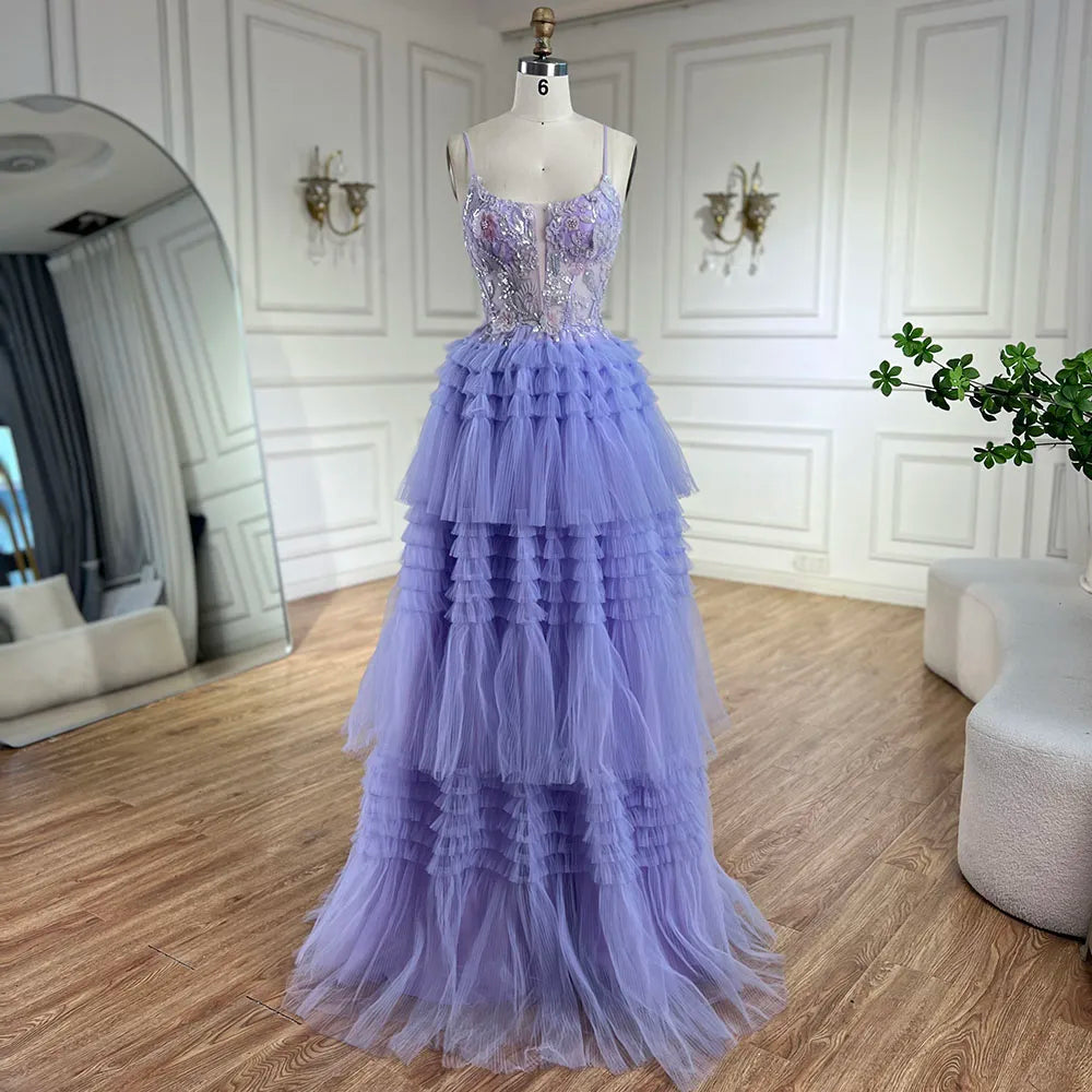 Serene Hill 2025 Arabic Lilac Spaghetti Strap Tiered A-Line Lace Appliques Luxury Evening Gown for Women&