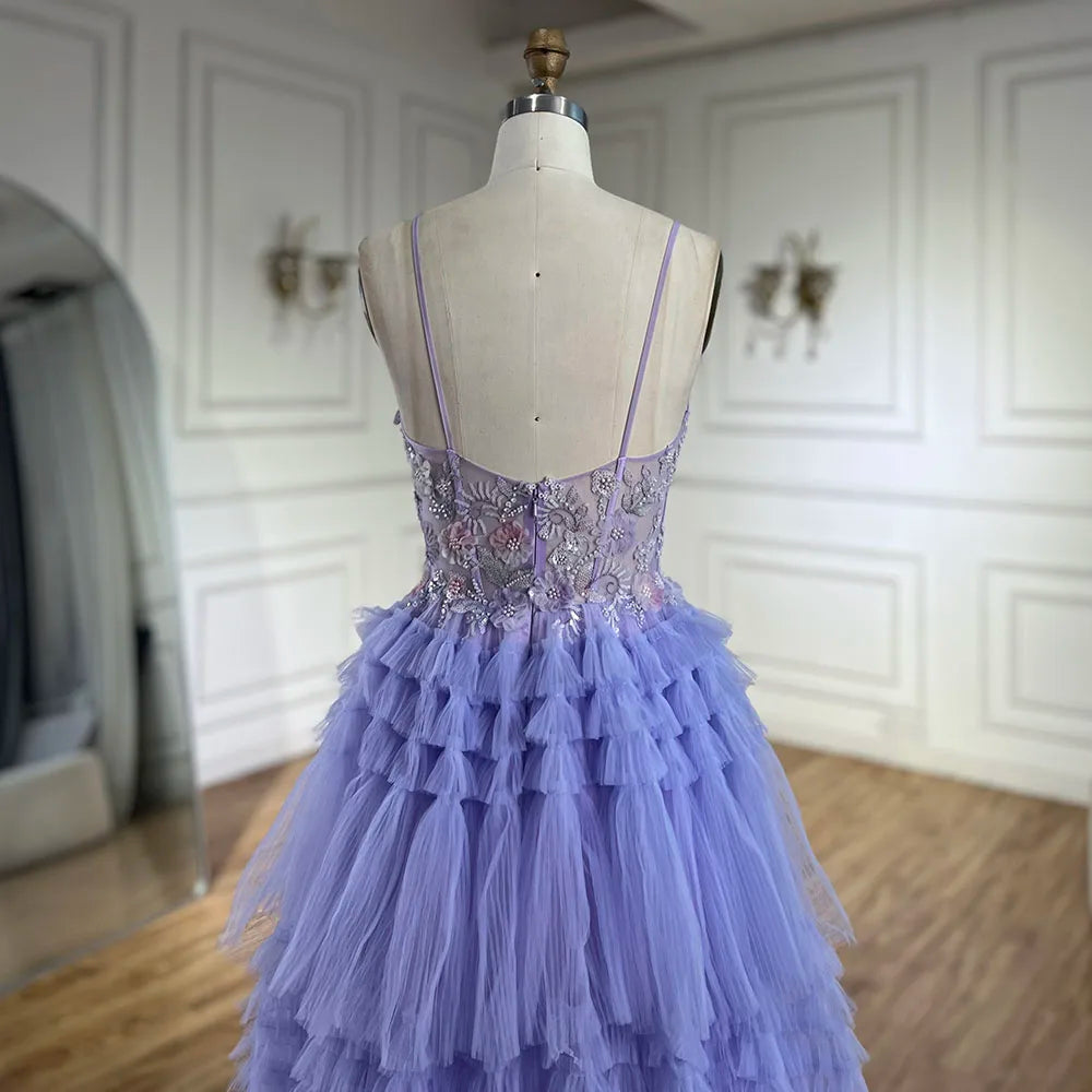 Serene Hill 2025 Arabic Lilac Spaghetti Strap Tiered A-Line Lace Appliques Luxury Evening Gown for Women&