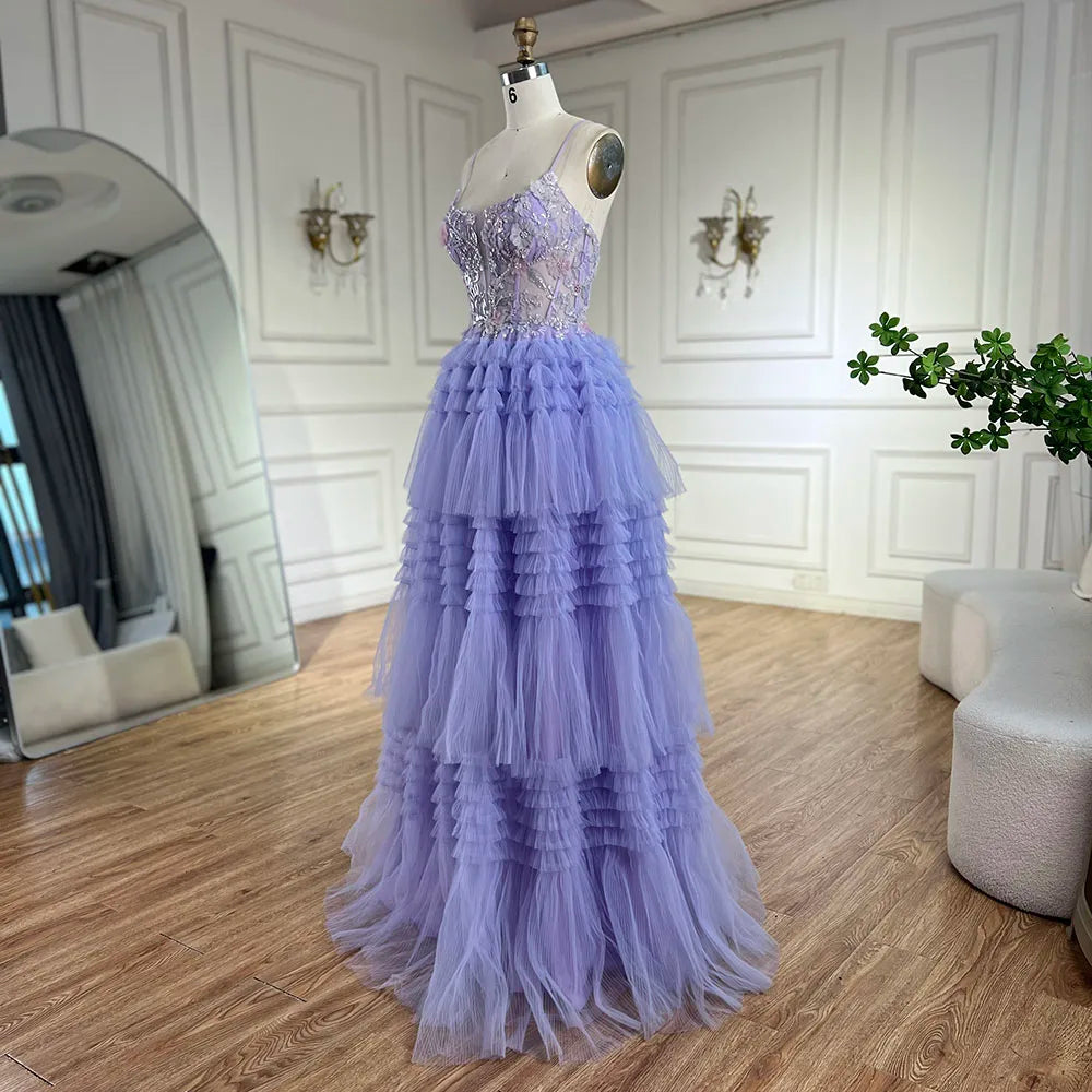 Serene Hill 2025 Arabic Lilac Spaghetti Strap Tiered A-Line Lace Appliques Luxury Evening Gown for Women&