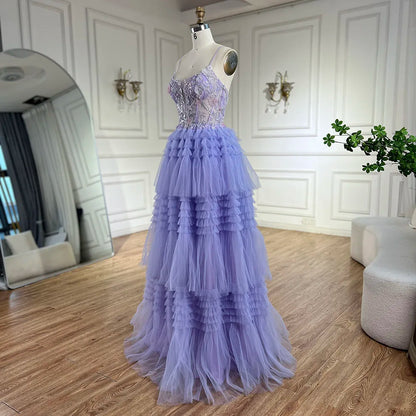 Serene Hill 2025 Arabic Lilac Spaghetti Strap Tiered A-Line Lace Appliques Luxury Evening Gown for Women&