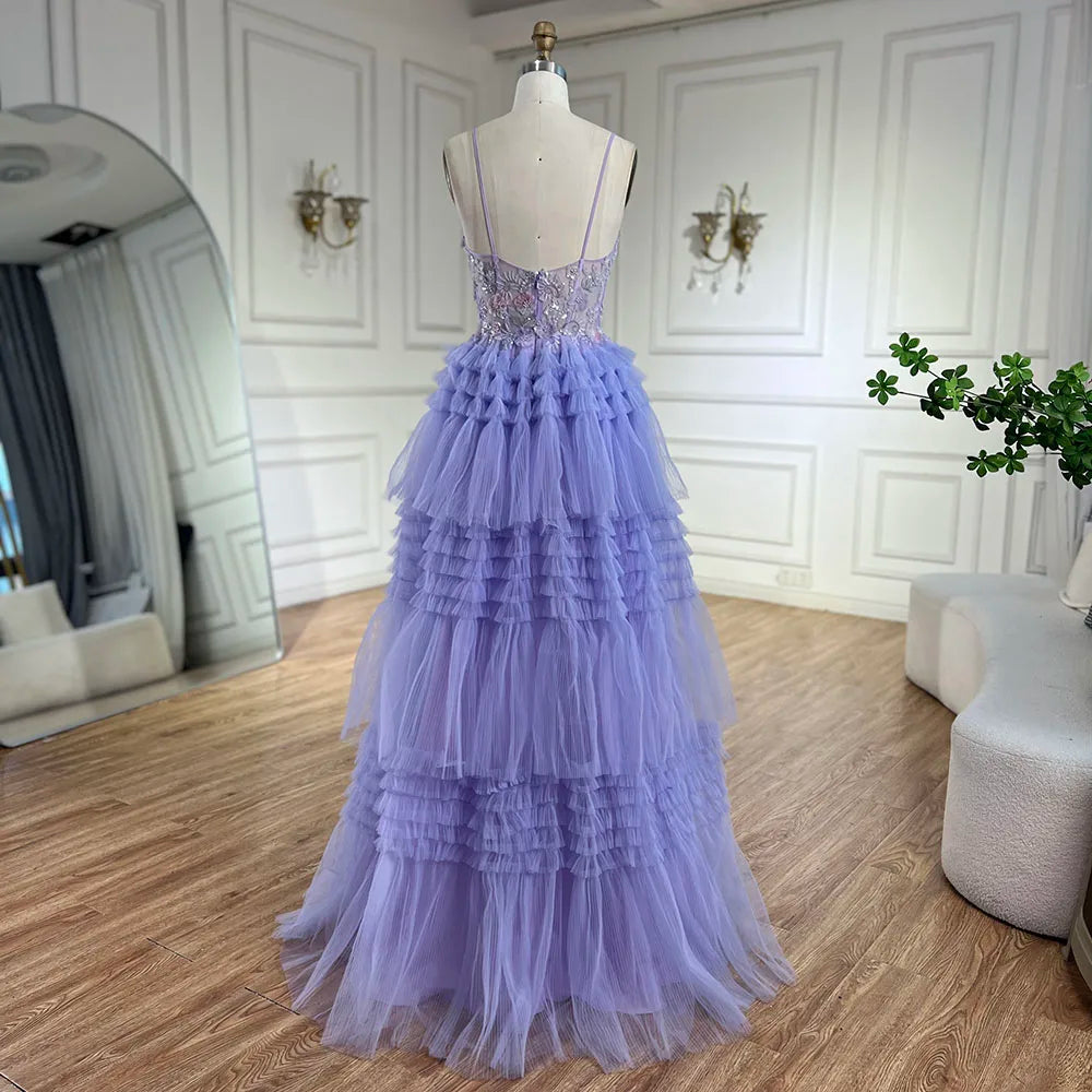 Serene Hill 2025 Arabic Lilac Spaghetti Strap Tiered A-Line Lace Appliques Luxury Evening Gown for Women&