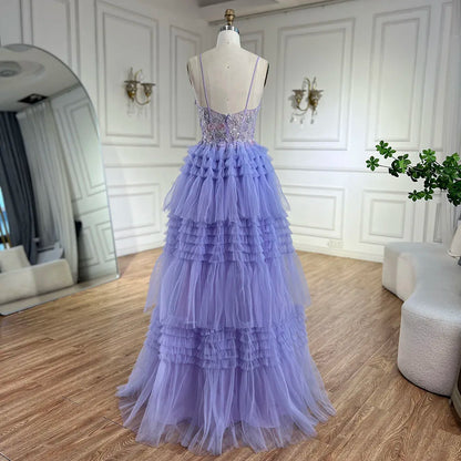 Serene Hill 2025 Arabic Lilac Spaghetti Strap Tiered A-Line Lace Appliques Luxury Evening Gown for Women&