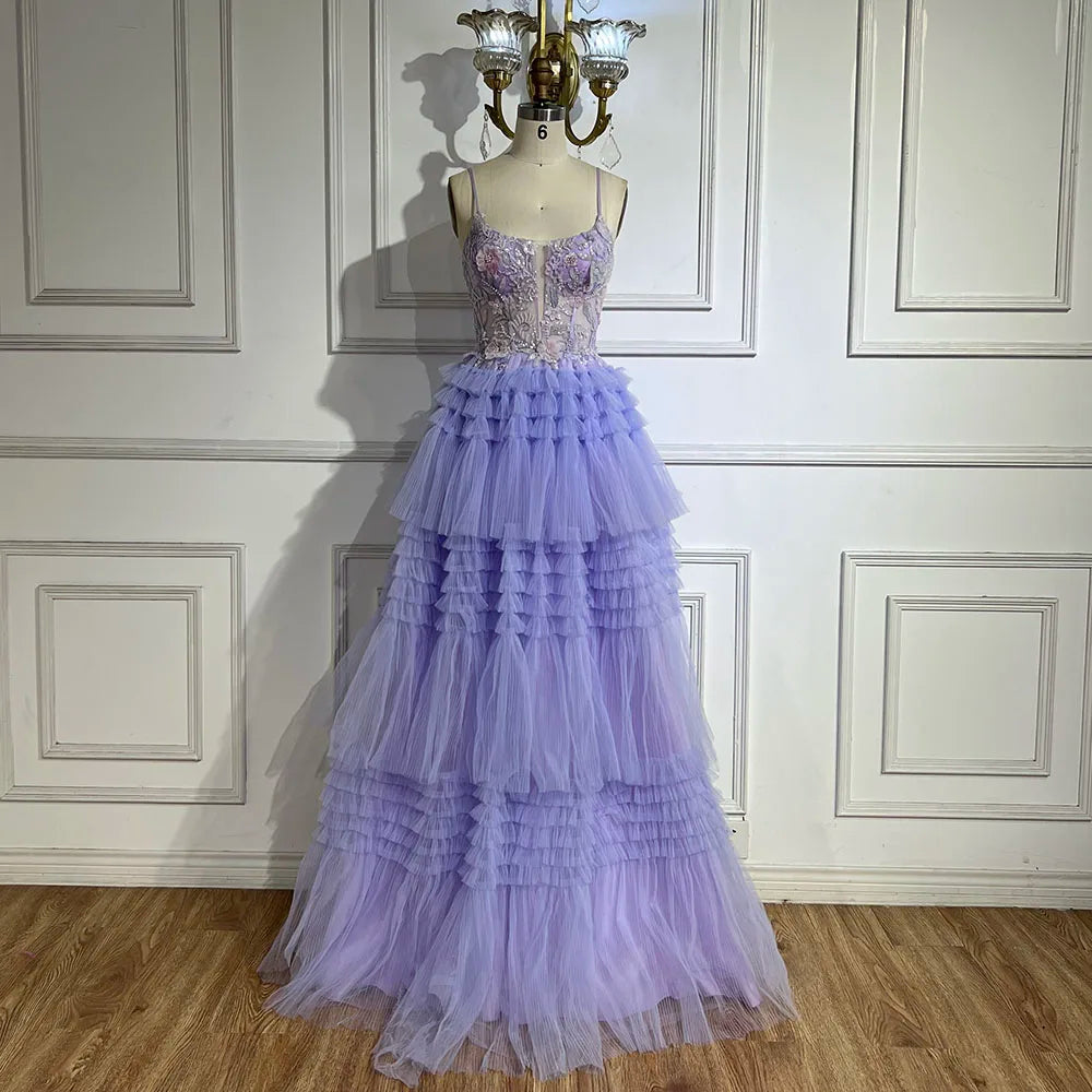 Serene Hill 2025 Arabic Lilac Spaghetti Strap Tiered A-Line Lace Appliques Luxury Evening Gown for Women&