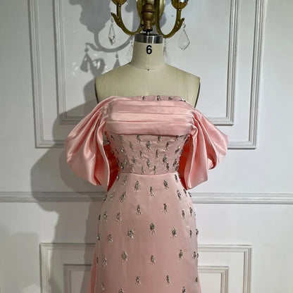 Luxury Baby Pink Off Shoulder Evening Dress for Women Party LA72414 - SERENE HILL